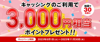 期間中、キャッシングを合計50,000円以上ご利用いただいた方の中から、抽選で30名様に3,000円相当のポイントをプレゼントいたします。
☆お支払いを「リボ払い（リボ宣言・リボ変更を含む）」にすると、当選確率3倍！