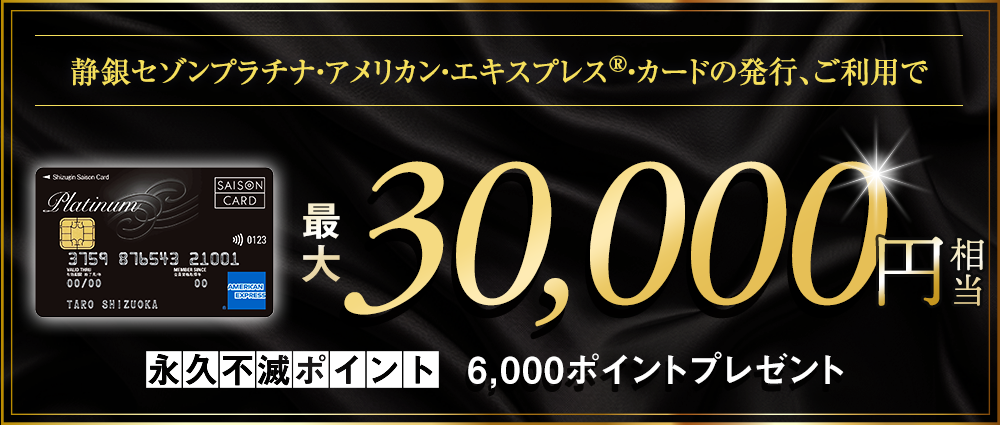 期間中、カード発行＆ご利用で永久不滅ポイント最大6,000pt（30,000円相当）プレゼント
※お申し込み月の翌月までにカードが発行された方が対象となります。