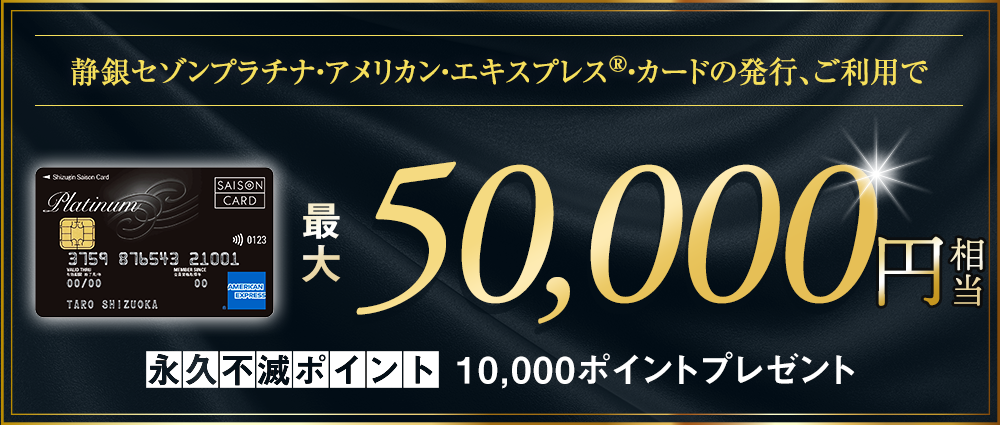 期間中、カード発行＆ご利用で永久不滅ポイント最大10,000pt（50,000円相当）プレゼント
                            ※お申し込み月の翌月までにカードが発行された方が対象となります。