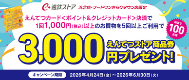 期間中、遠鉄ストア 浜北店・フードワンきらりタウン店で、えんてつカード〈ポイント＆クレジットカード〉のクレジット支払い1回1,000円（税込）以上のお買物を、5回以上ご利用いただいた方の中から抽選で100名様に遠鉄ストア商品券3,000円分をプレゼントいたします。☆期間中、10回以上ご利用いただくと当選確率2倍！※遠鉄ストア店舗内テナント・マツモトキヨシご利用分は対象外となります。※1日1回のご利用がキャンペーンの対象となります。