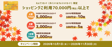 期間中、えんてつカード〈ポイント＆クレジットカード〉でのショッピングご利用金額合計70,000円（税込）以上の方の中から、抽選でプレゼントいたします。