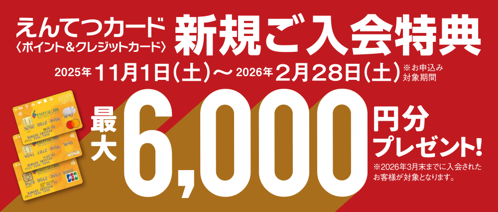 期間中、カード入会&ご利用でえんてつポイント最大6,000ptプレゼント